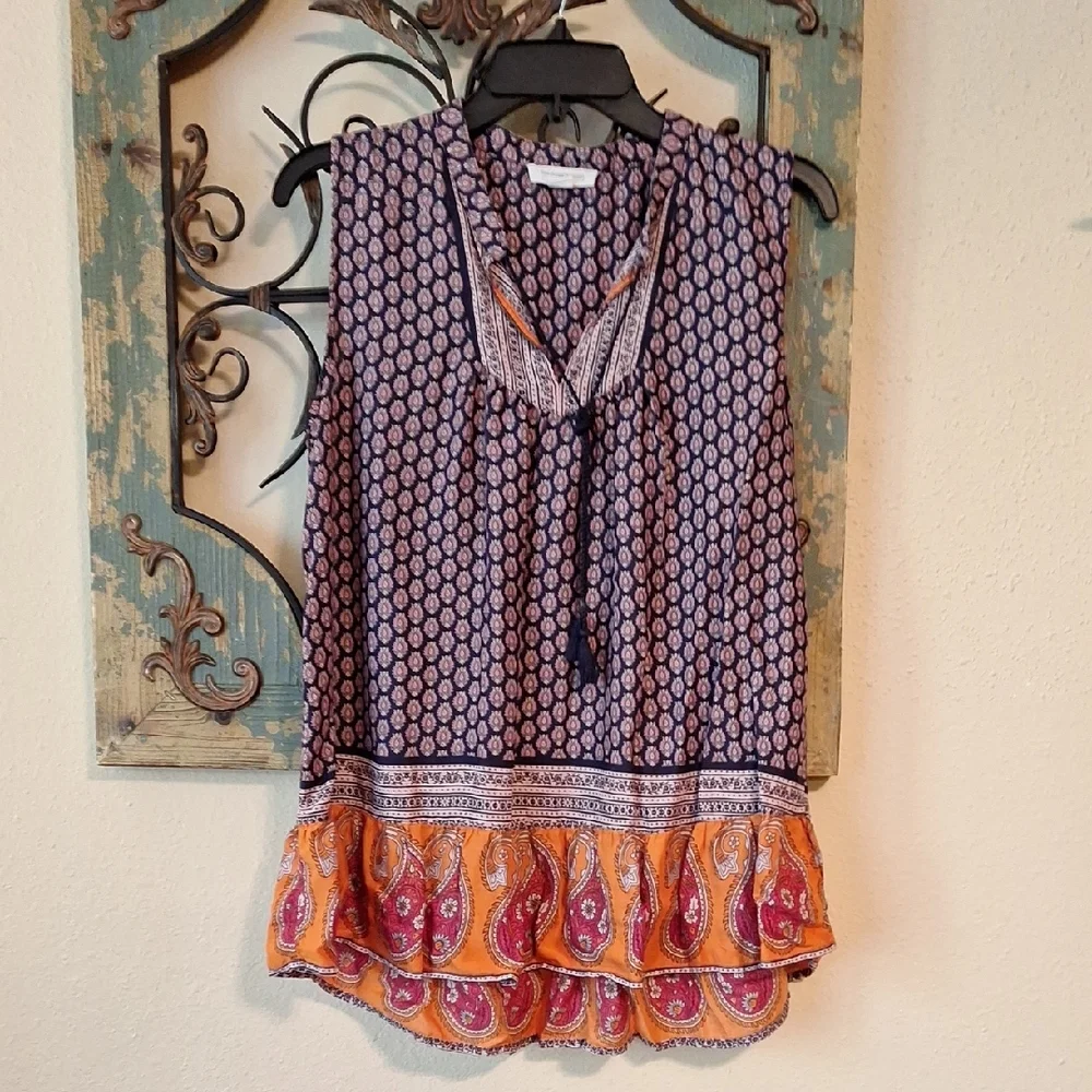 Beachlunchlounge Orange and Blue Relaxed Bib Collar Blouse. Size SMALL - Picture 4 of 9